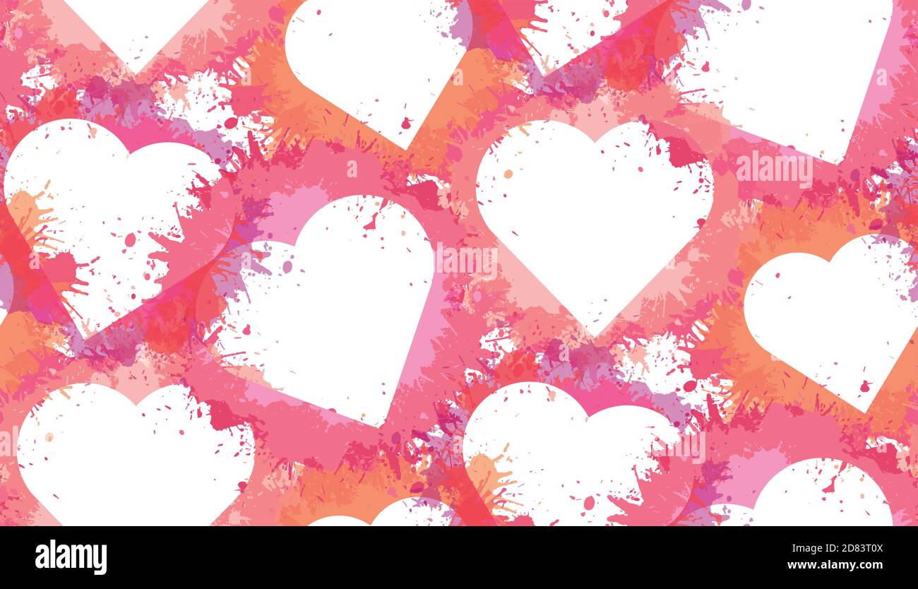 Seamless pattern with hearts and pink watercolor splashes on white ...