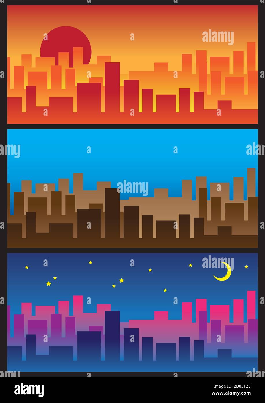Vector illustration of City Skyline. From sunrise to the night Stock ...