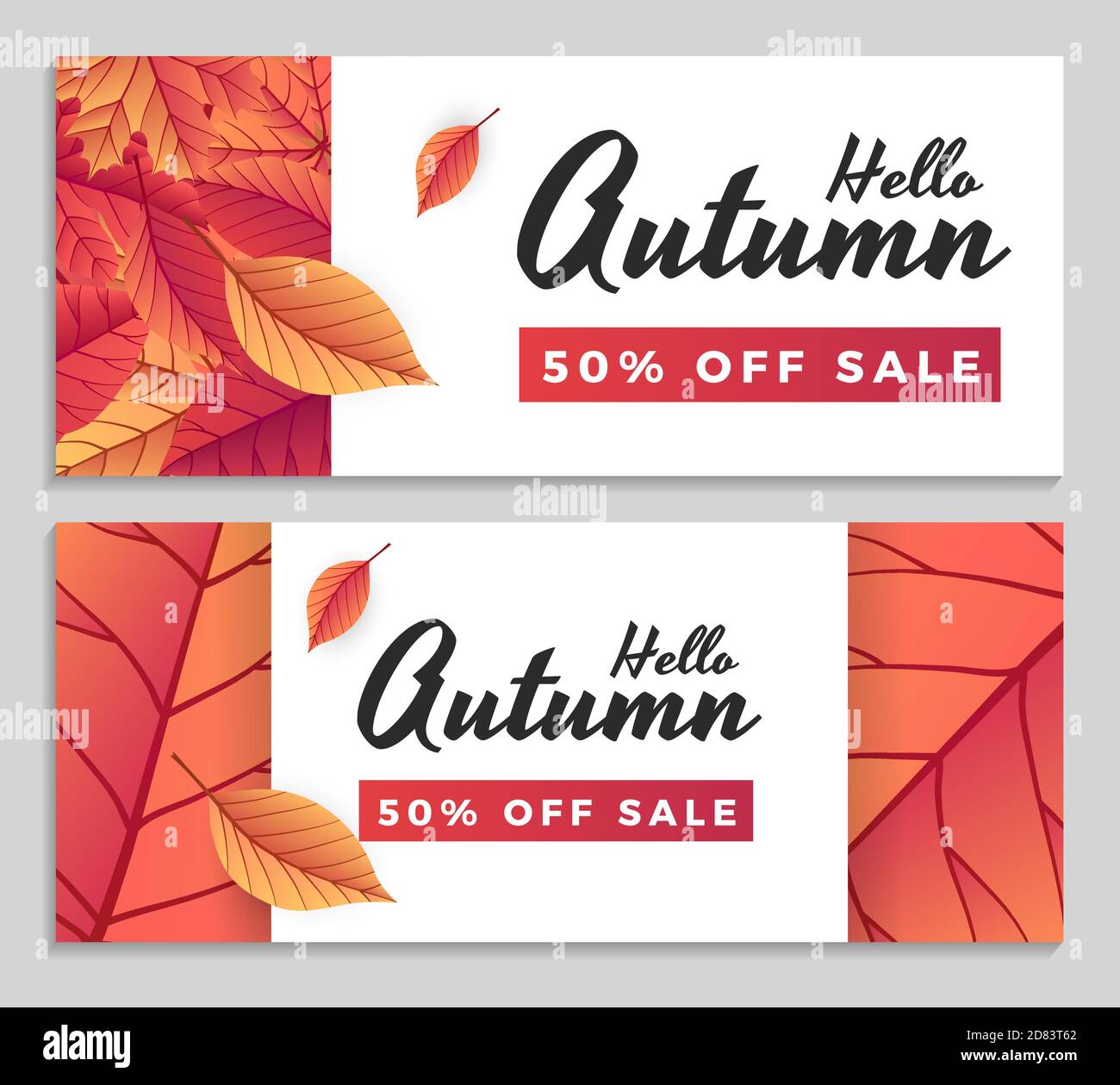 Autumn sale banner template with lettering. Bright fall leaves. Poster, card, label, banner design. Ideal for shopping sale or web banner. Bright geom Stock Vector