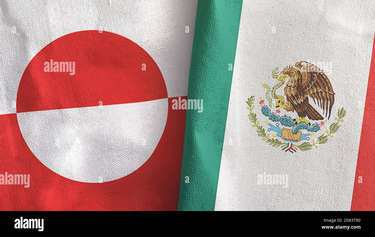 Mexico and Greenland two flags textile cloth 3D rendering Stock Photo