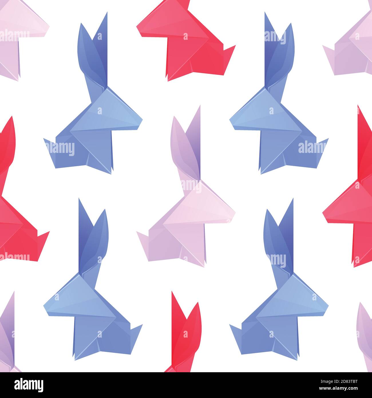 Seamless pattern with multicolored paper origami rabbits on white background. Paper Zoo.  Vector texture with hares for wrapping, textile and for your Stock Vector