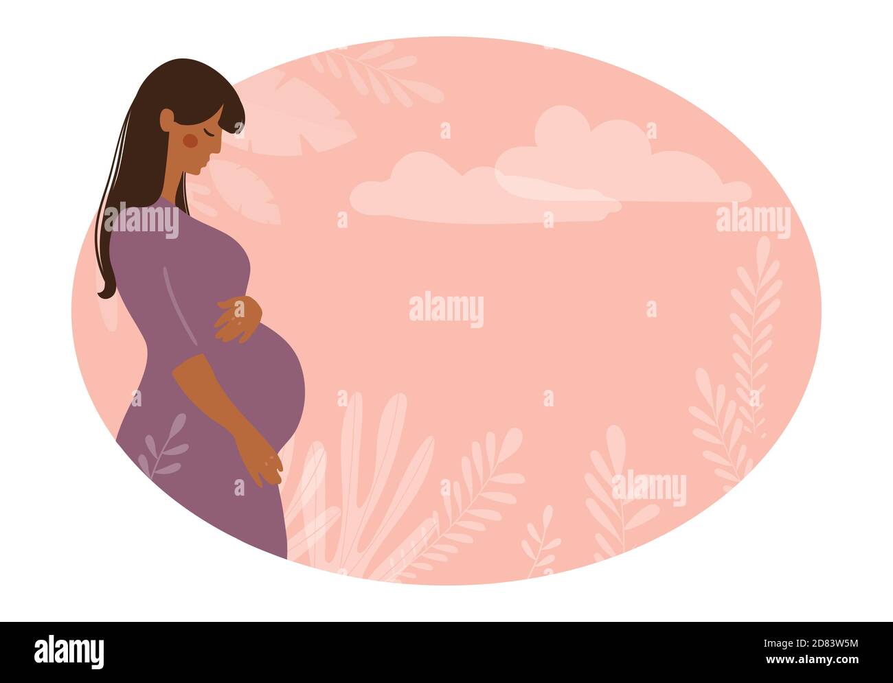 Modern banner about pregnancy and motherhood. Poster with a beautiful young pregnant woman with long hair and place for text. Minimalistic design, flat cartoon vector illustration Stock Vector