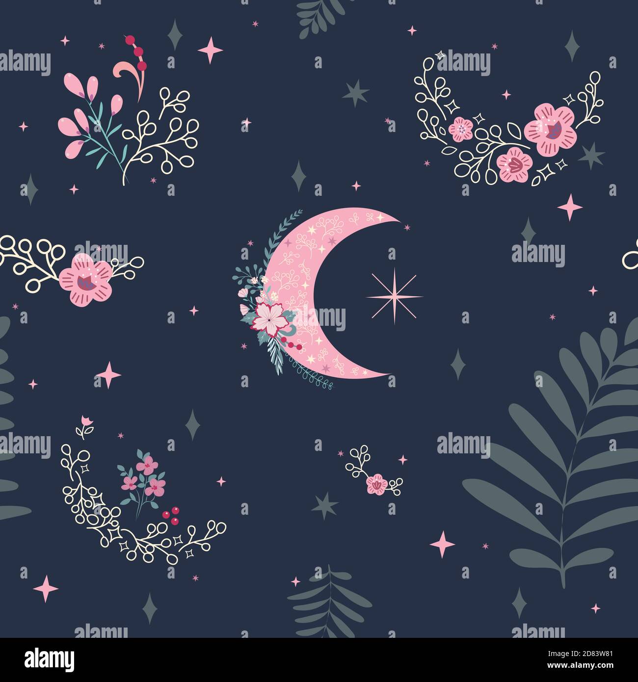 Beautiful Seamless Pattern with Flowers, Moon and Stars Stock Vector ...