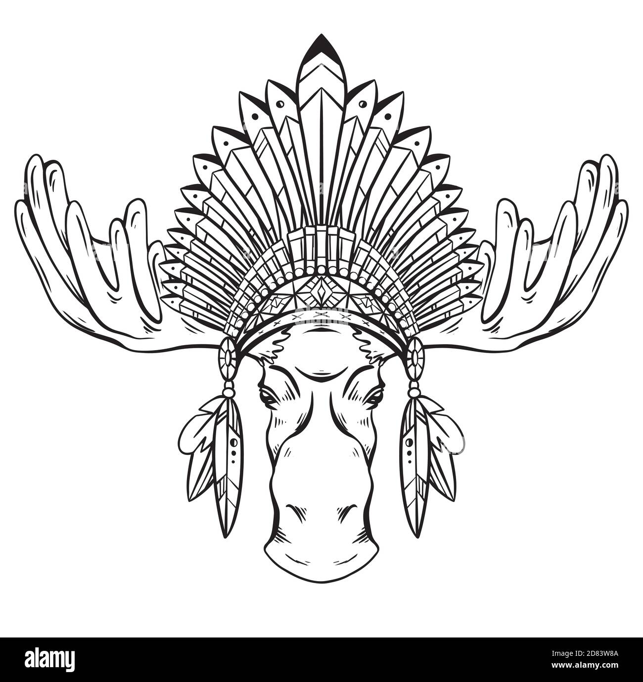 Engraved contour illustration of a moose head with antlers and an Indian cap made of feathers. Roach Chieftain. Boho vector illustration for cards, st Stock Vector