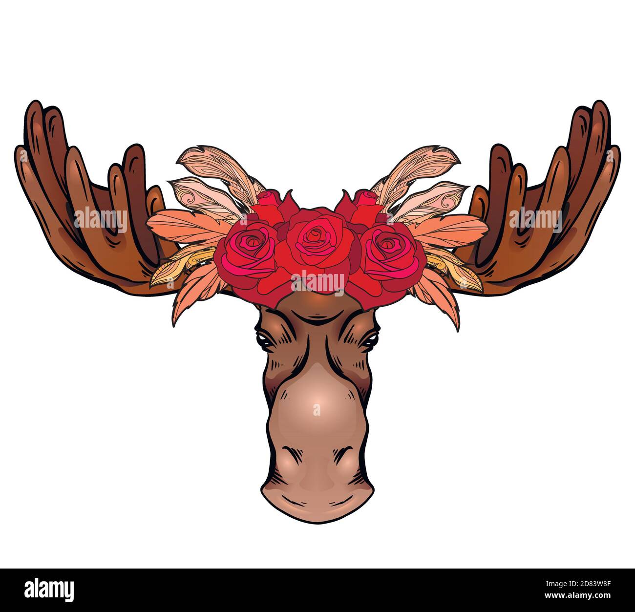 Contour colorful illustration of a moose head with antlers and rose wreath front view. Wild mammal. Vector color outline silhouette for logos, icons, Stock Vector