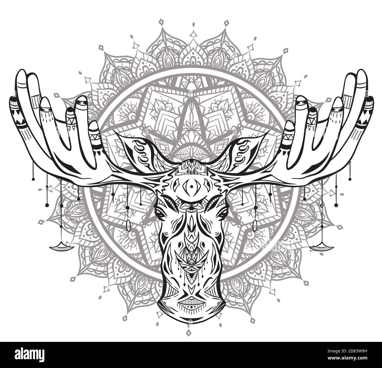 Contour native illustration of a moose head with ethnic decoration and bead on horns on mandala background. Boho vector illustration for card, t-shirt Stock Vector