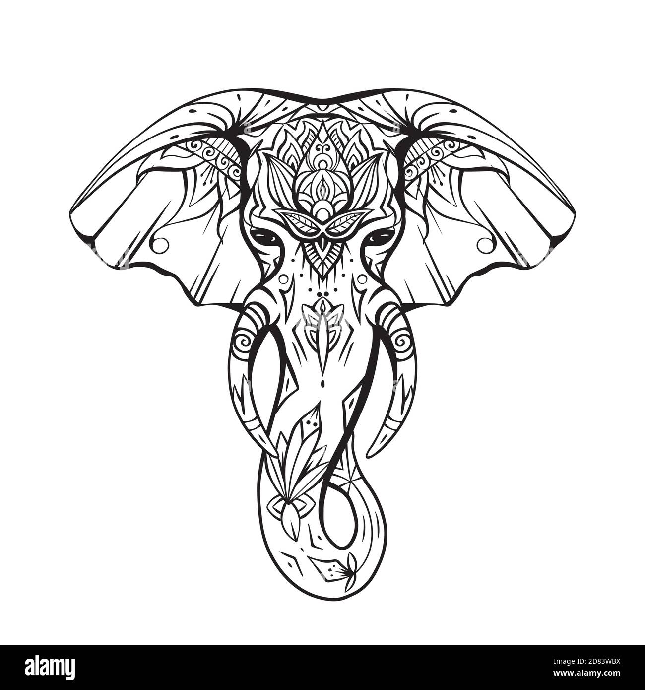 Contoured native elephant head with trunk, tusks and boho ornaments. Ganesha head with decoration. Vector silhouette for coloring pages, cards, banner Stock Vector