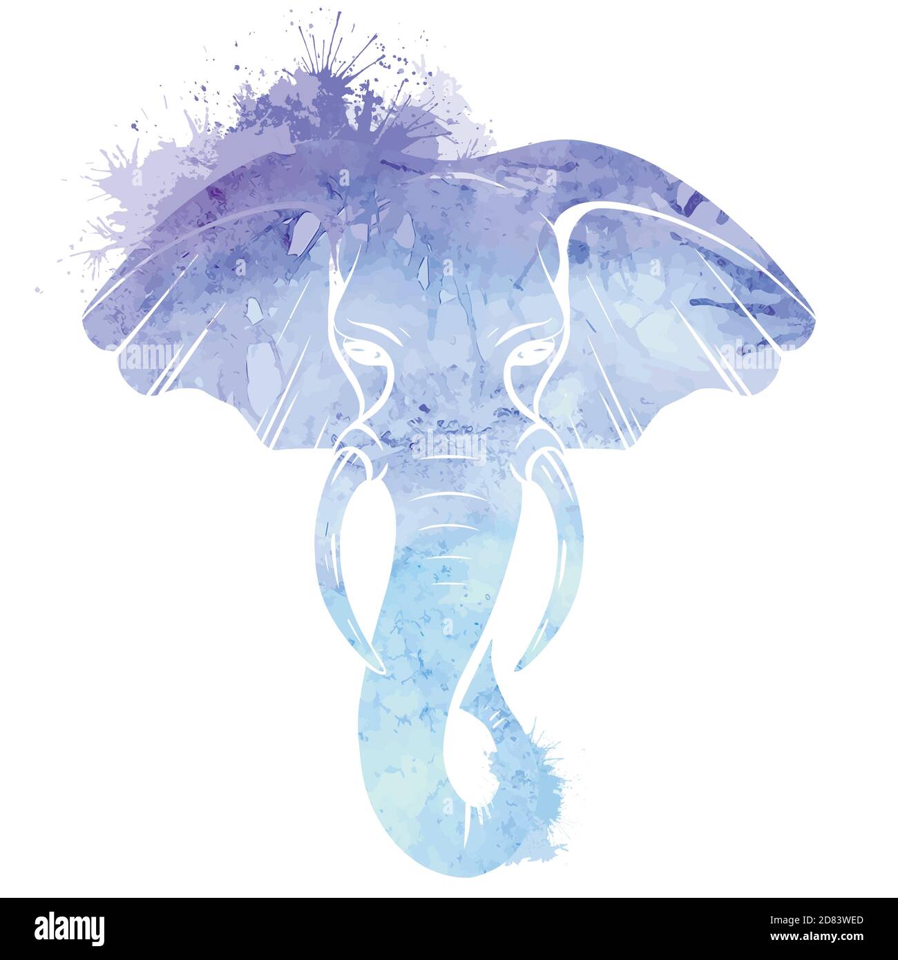 Blue watercolor silhouette of elephant head with trunk, tusks and splash. Wild mammal. Vector drawing for card, logos, icons and your creativity. Stock Vector