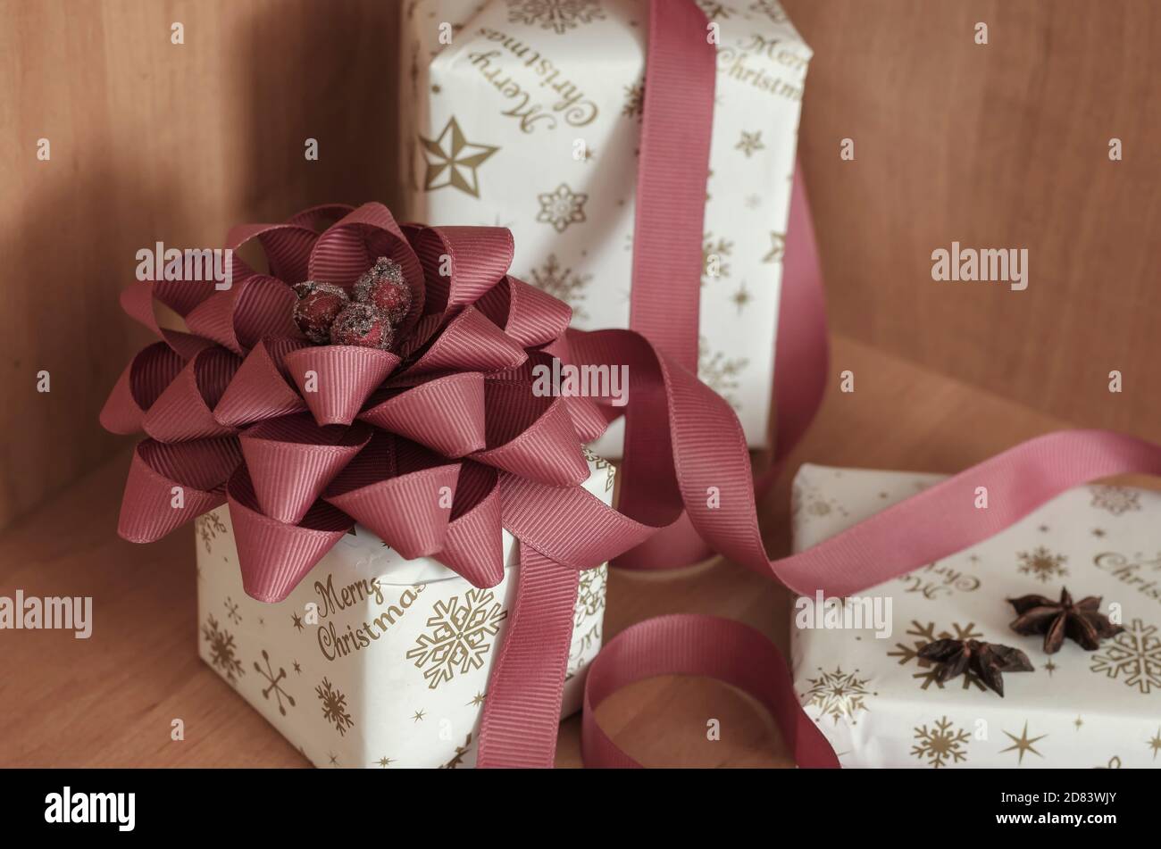 Shelf with various Christmas and New Year gifts. Random rectangular ...
