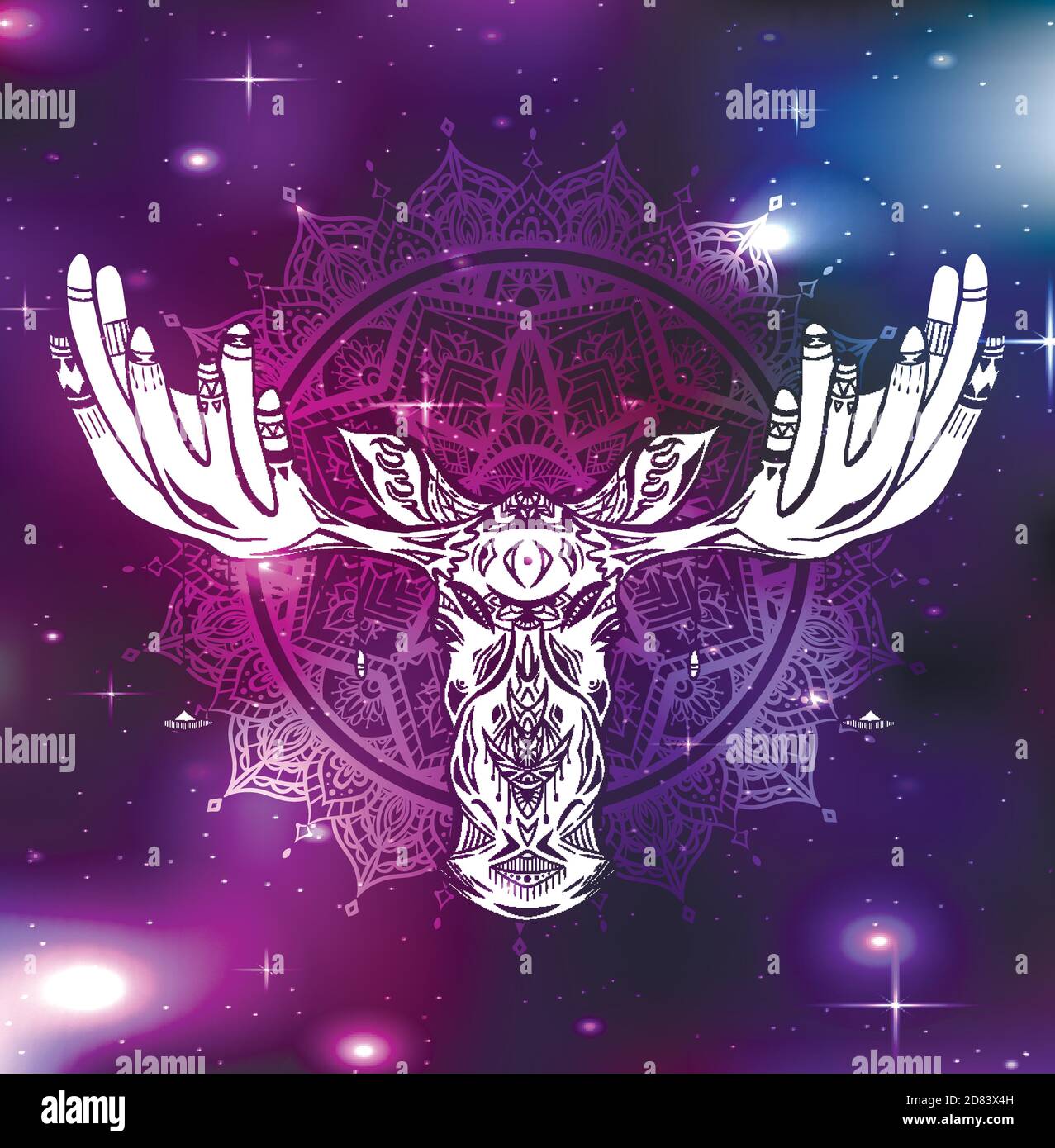 Contour native illustration of a moose head with ethnic decoration and bead on horns on mandala space background. Boho vector illustration in universe Stock Vector