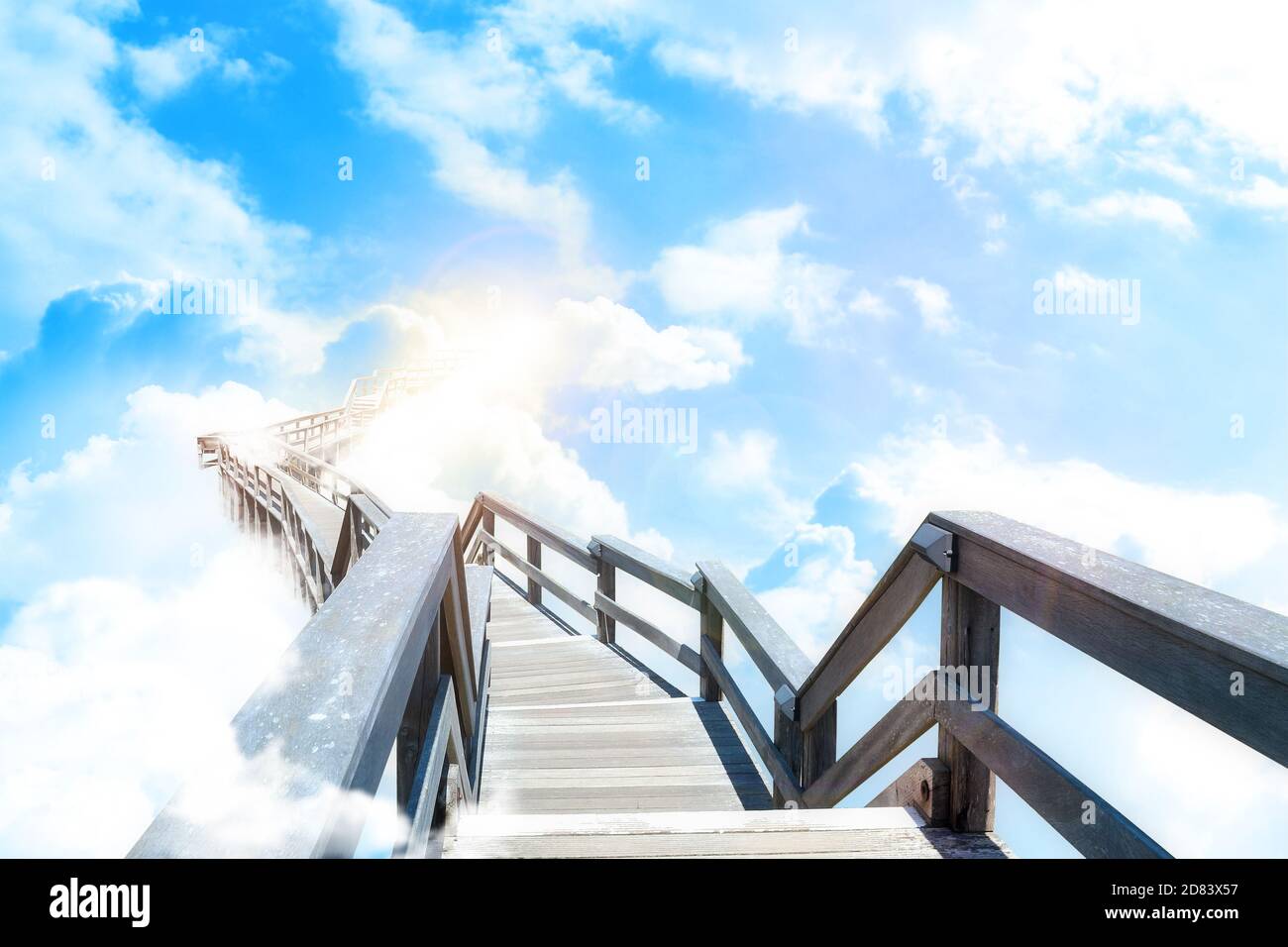 Bridge high above the clouds. Relaxing scenery background. Stock Photo