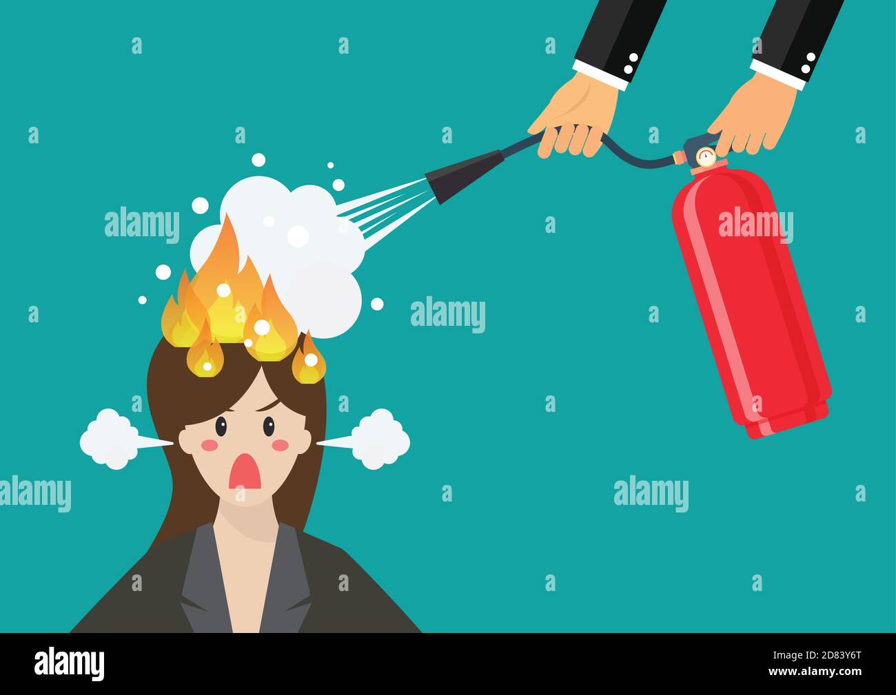 Angry business woman with head on fire gets help from man with extinguisher. Vector illustration Stock Vector