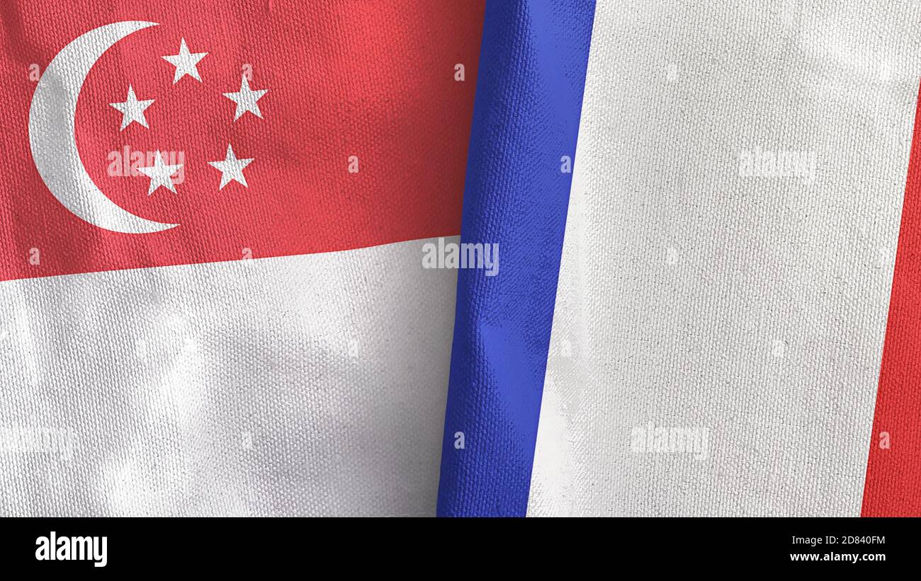 France and Singapore two flags textile cloth 3D rendering Stock Photo