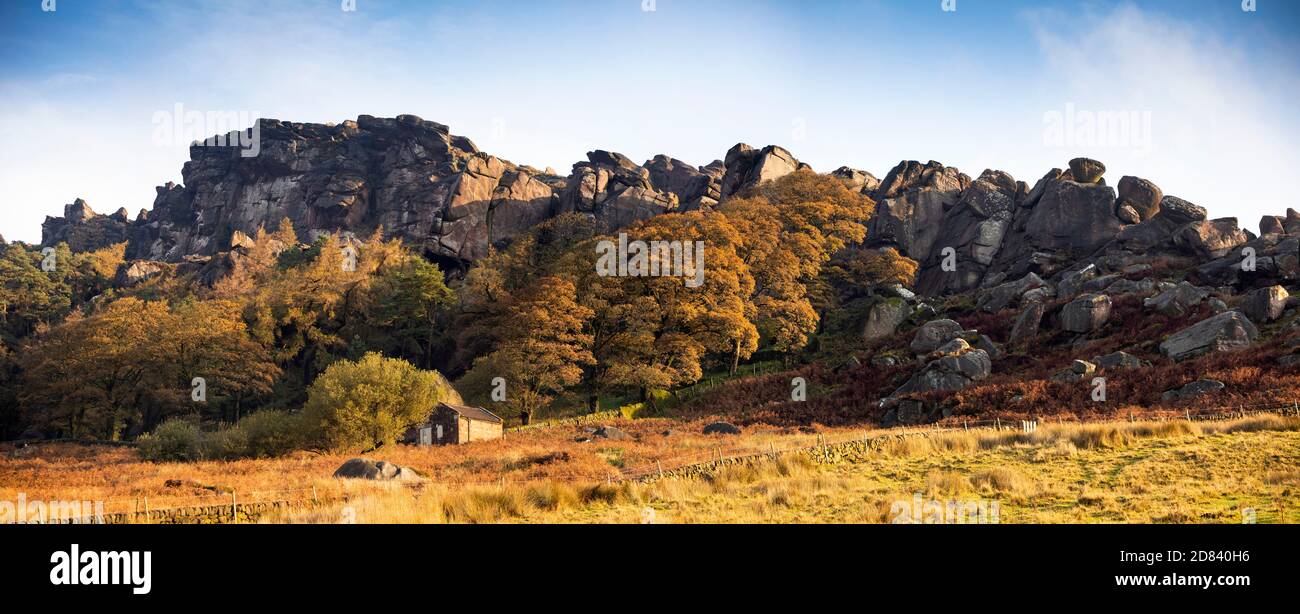 UK, England, Staffordshire, Moorlands, The Roaches, Hen Cloud rocky outcrop, panoramic Stock Photo