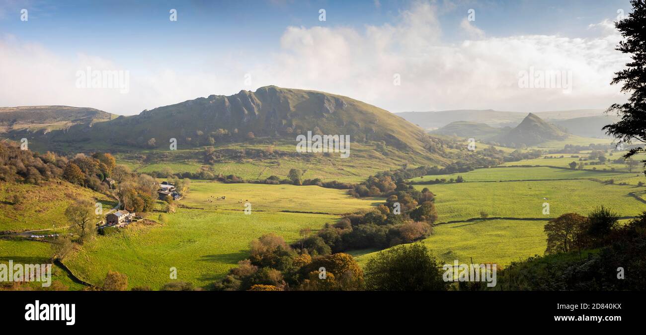 UK, England, Staffordshire, Moorlands, Hollinsclough, panoramic view across valley to Hollins Hill and Parkhouse Hill Stock Photo