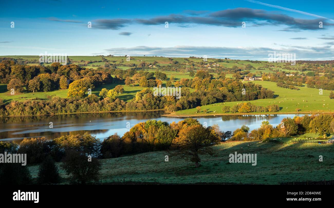 UK, England, Staffordshire, Moorlands, Rushton Spencer, Rudyard Lake, elevated panoramic view in autumn Stock Photo