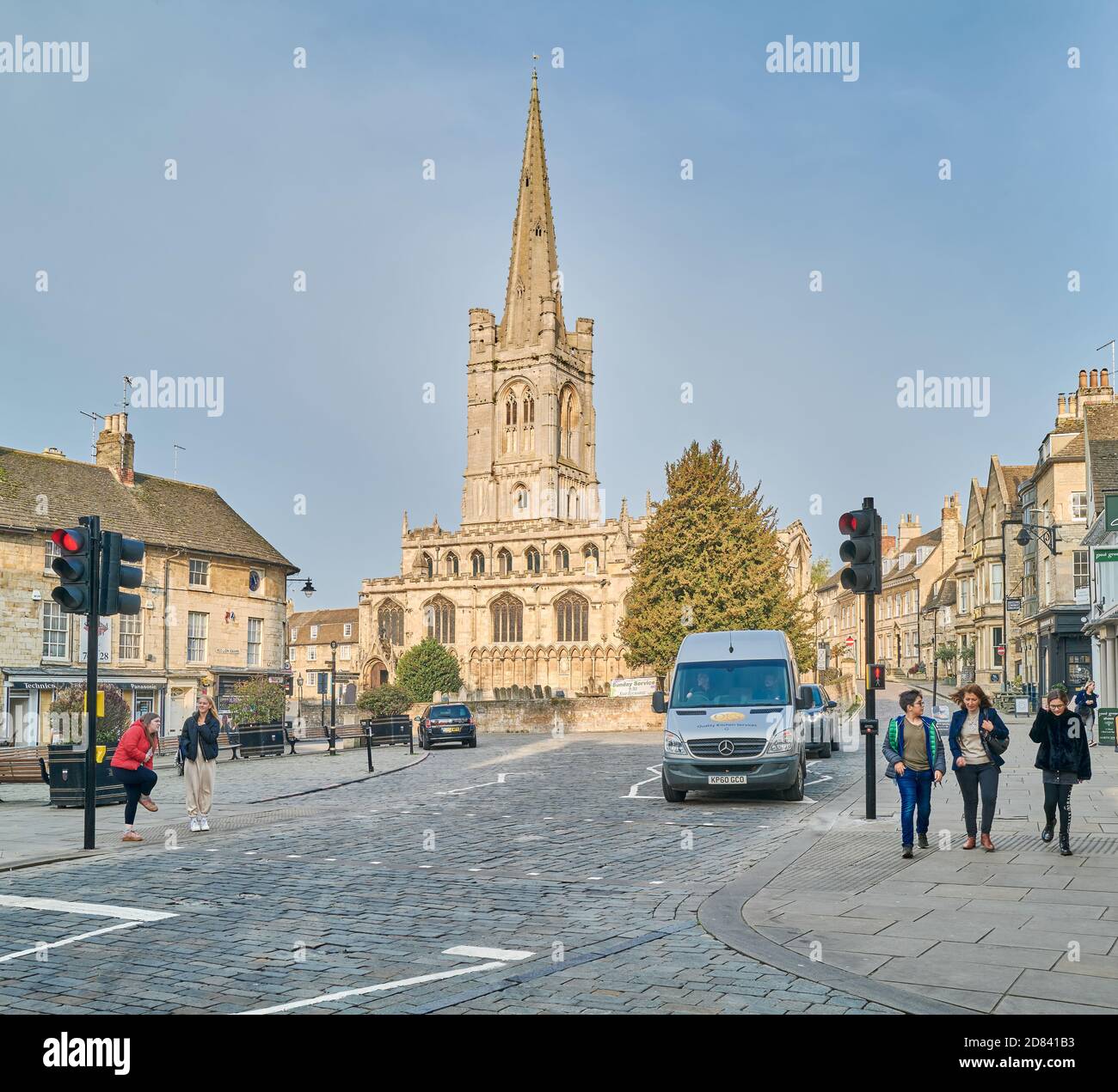 Red Lion Square with All Saints church at the town of Stamford, Lincolnshire, England. Stock Photo
