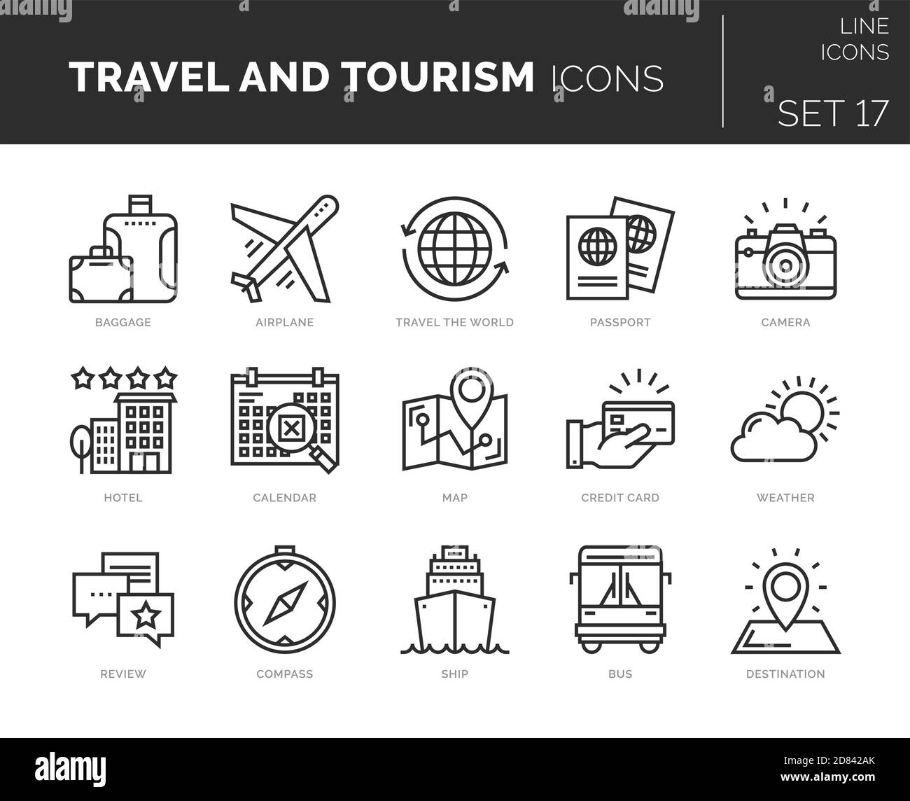 Set of vector travel and tourism icons. Icons are in flat / line design with elements for mobile concepts and web apps. Collection of modern infograph Stock Vector