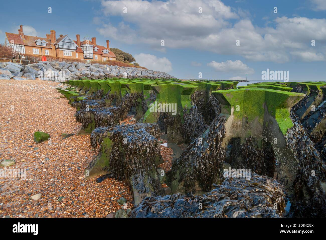 view of concrete sea defences, breakwaters at cobbolds point felixstowe