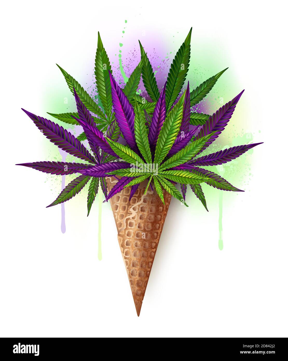 Waffle cone with green and purple, realistic hemp on white background. Bright cannabis. Stock Vector