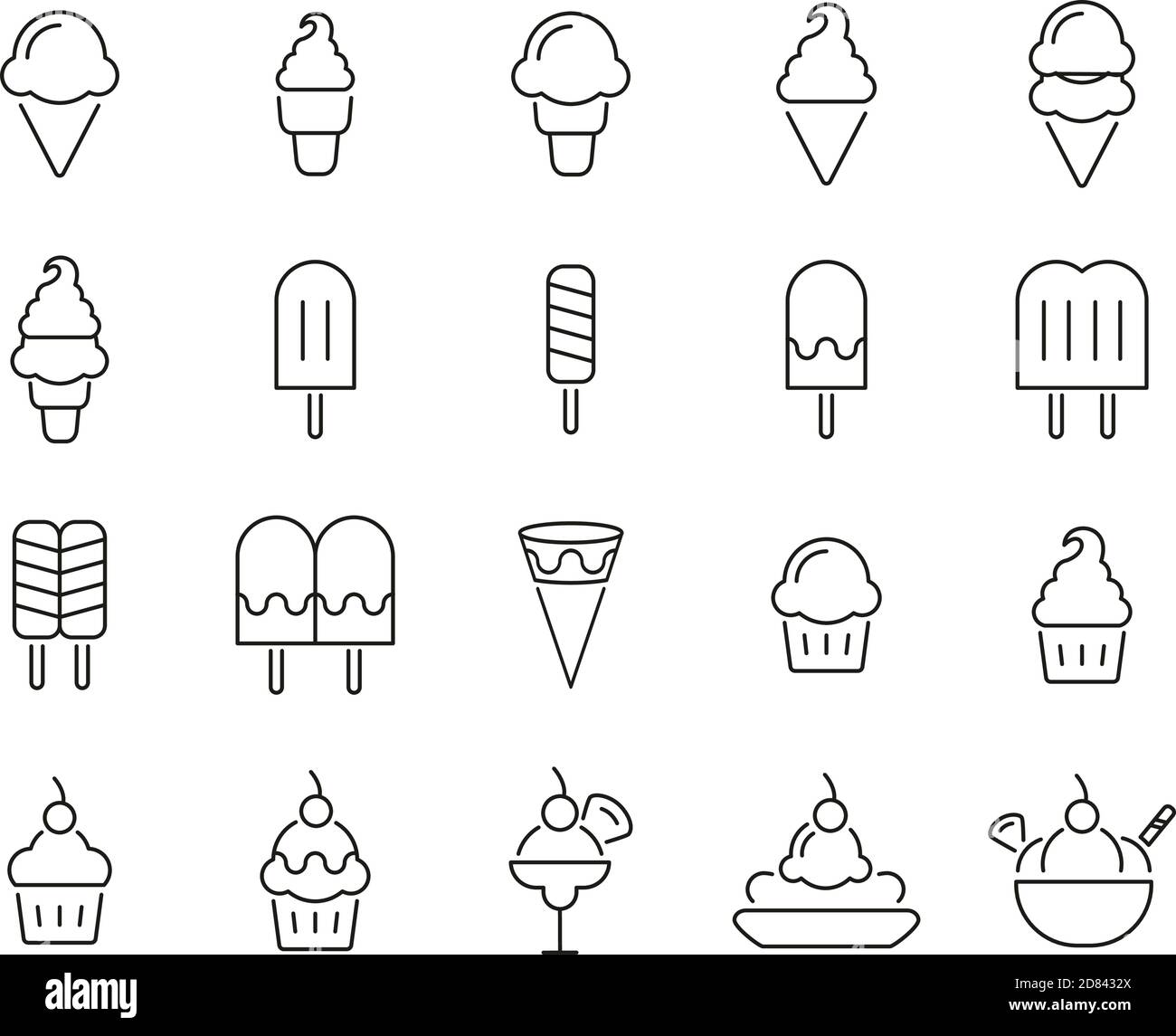 Ice Cream Icons Black & White Thin Line Set Big Stock Vector Image ...