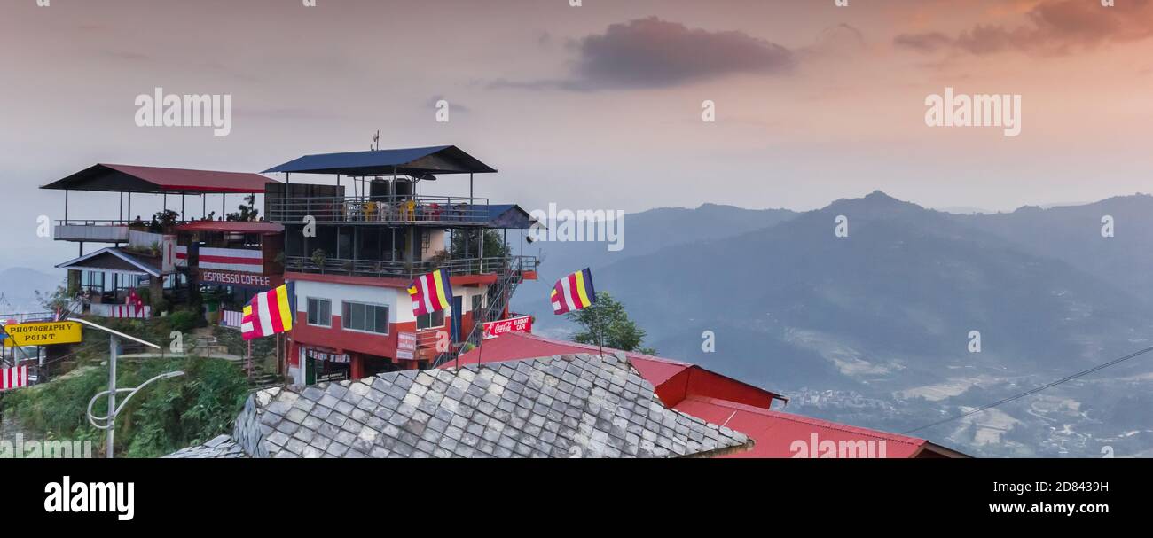 Panorama of restaurants on the hill near the Wordl Peace Pagoda in Pokhara, Nepal Stock Photo