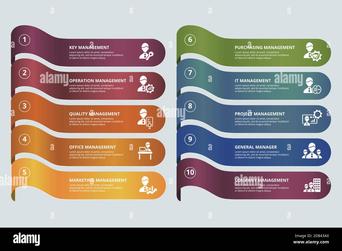 Infographic Company Management template. Icons in different colors ...