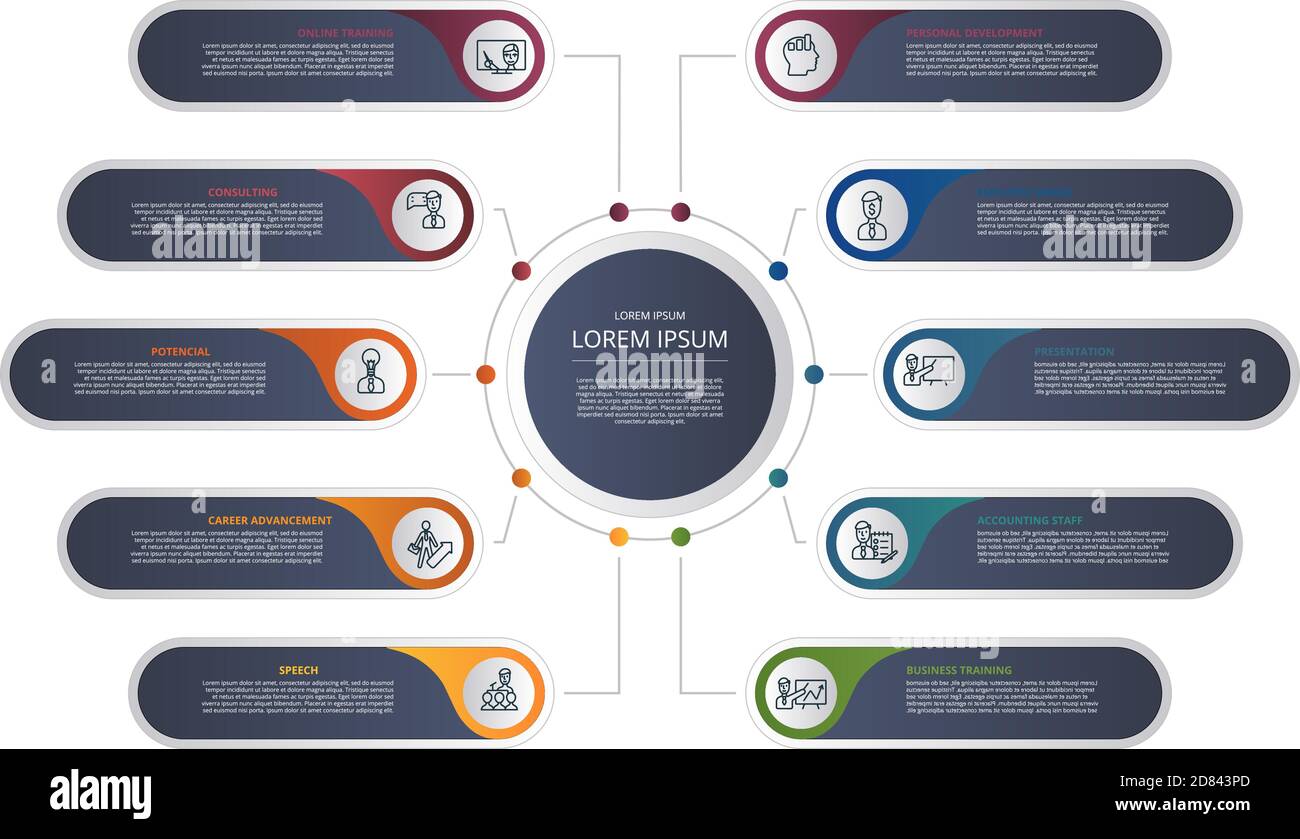 Infographic Business Training template. Icons in different colors ...