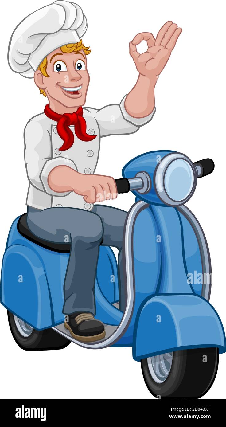 Chef Moped Scooter Food Delivery Man Cartoon Stock Vector