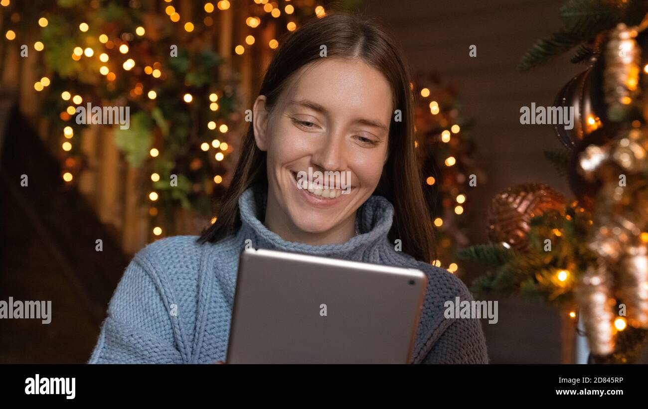 Banner view of happy woman use modern tablet device Stock Photo