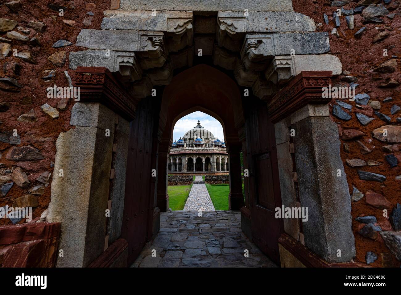 View of the entrance steps leading to Isa Khan's tomb inside the compound of the famous Humayun's tomb in New Delhi. Stock Photo