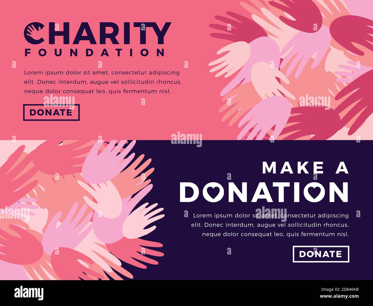 Modern vector website banner templates with charity objects. Card for non-profit organizaiton, fundraising event, volunteer centre. Vector design. Stock Vector