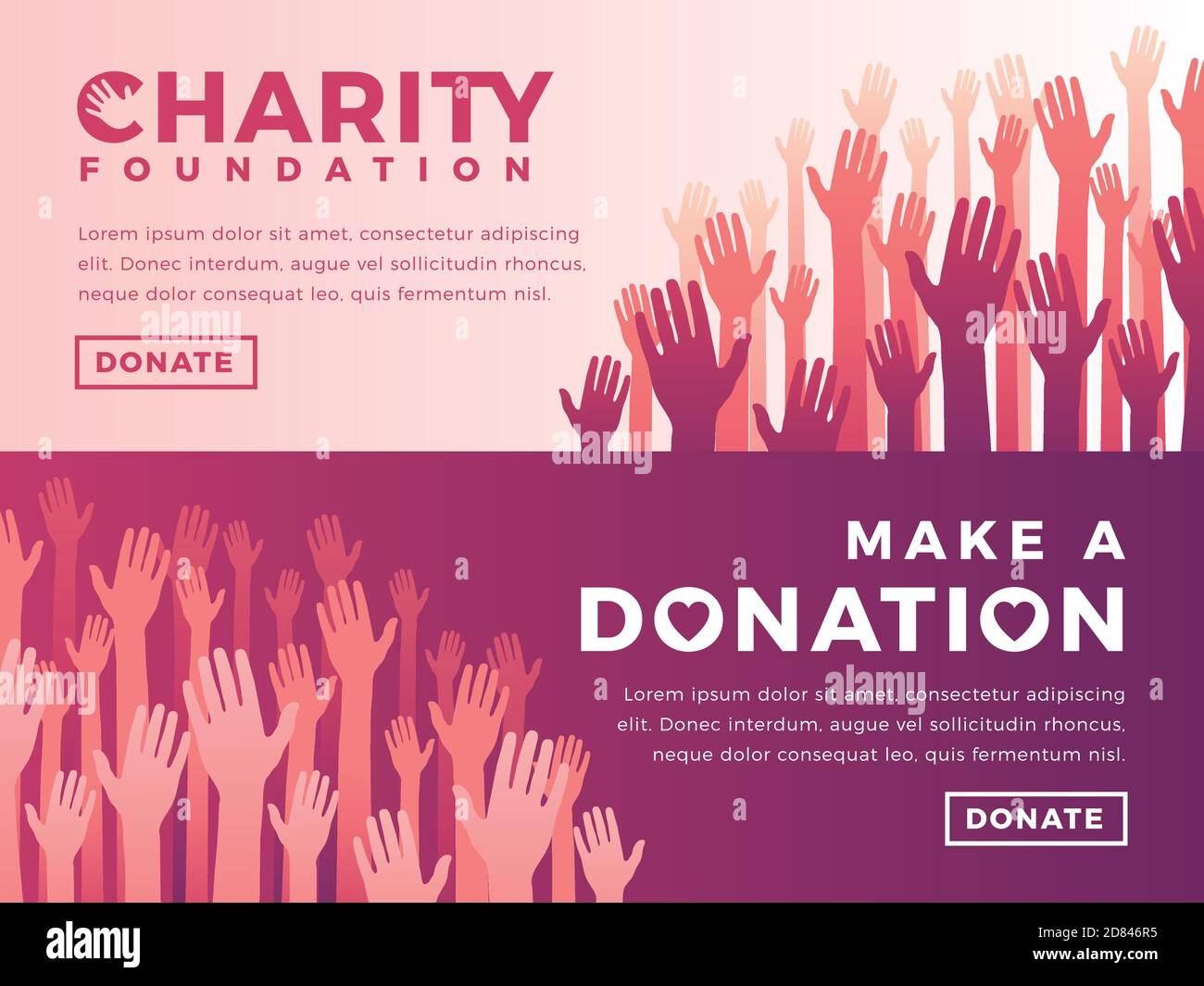 Modern vector website banner templates with charity objects. Card for non-profit organizaiton, fundraising event, volunteer centre. Vector design. Stock Vector