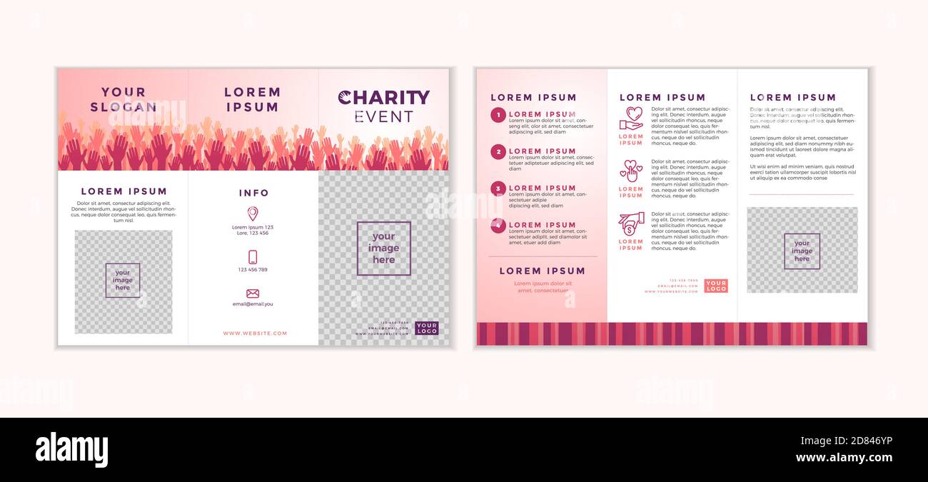 Charity and donation trifold design template. Card flyer with your text for volunteer center, fundraising event, organization. Vector illustration. Stock Vector