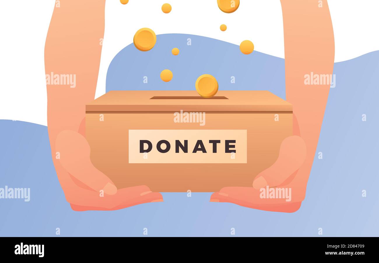 Hands holding a carton box with banner text donate.  Donation box. Donate, giving money. Vector illustration, flat style design. - Vektor Stock Vector