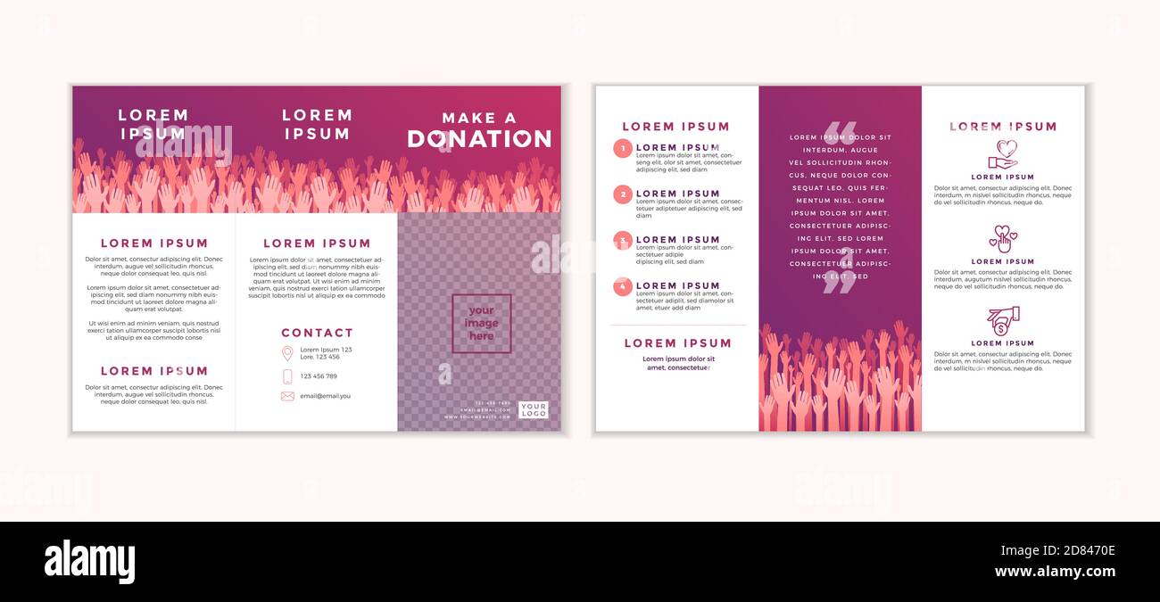 Charity and donation trifold design template. Card flyer with your text for volunteer center, fundraising event, organization. Vector illustration. Stock Vector