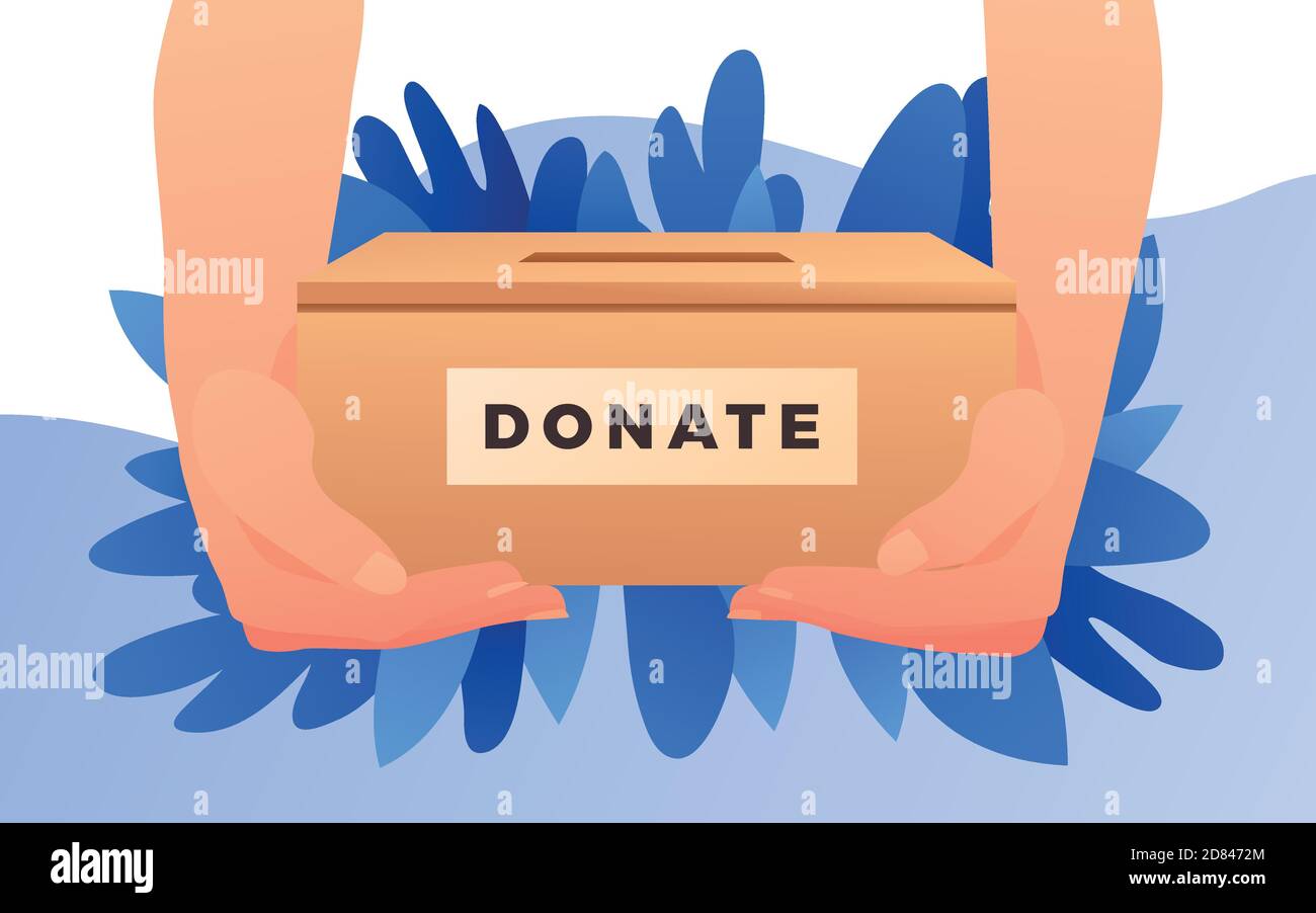 Hands holding a carton box with banner text donate.  Donation box. Donate, giving money. Vector illustration, flat style design. - Vektor Stock Vector