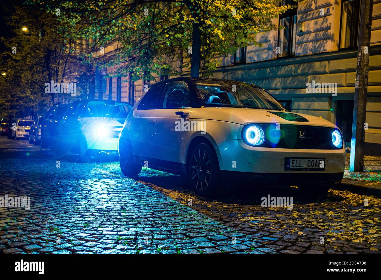 Prague Czech Republic October 26 Night Photo Of Two Electric Honda E Parked In The Autumn Street Stock Photo Alamy