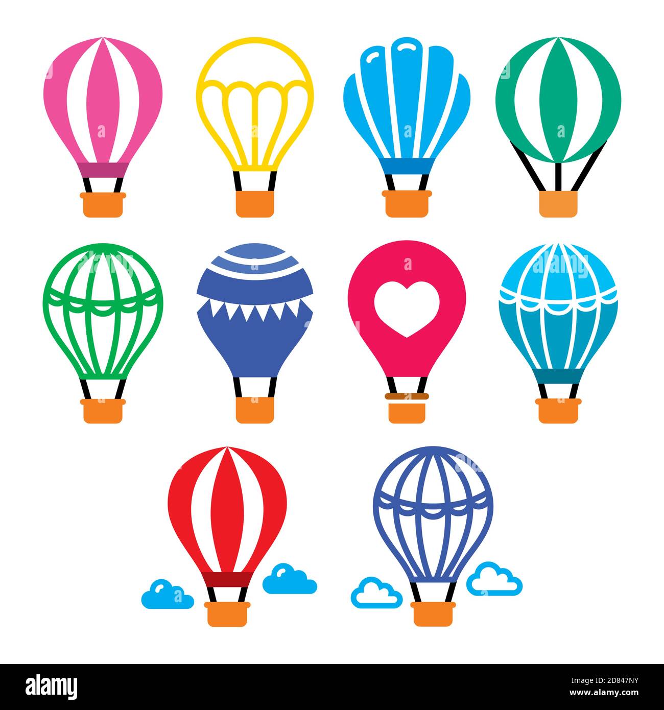 Hot air balloon and vector color icons set - air transportation, travel concept Stock Vector