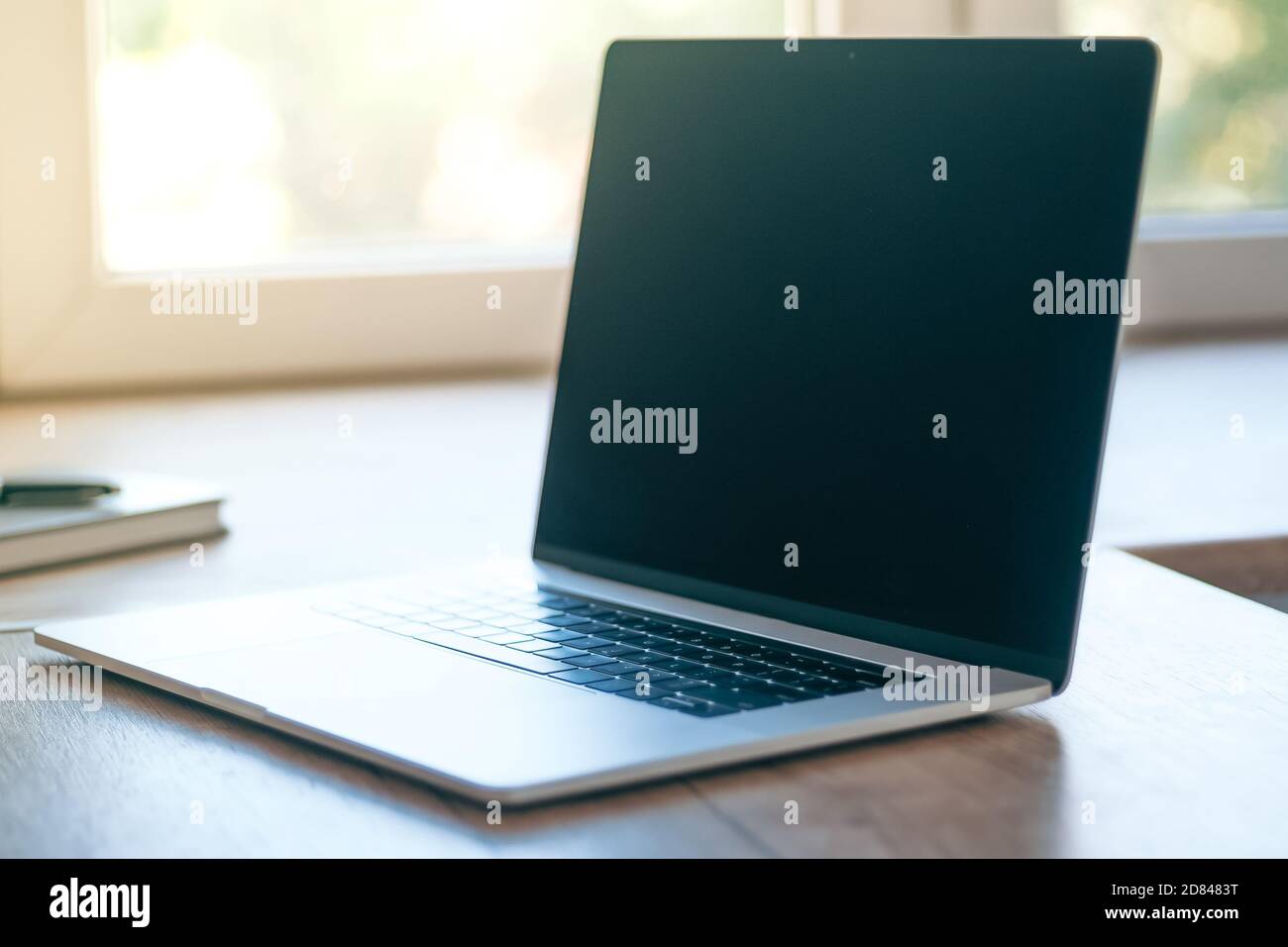 close up. modern laptop on the desktop. Stock Photo