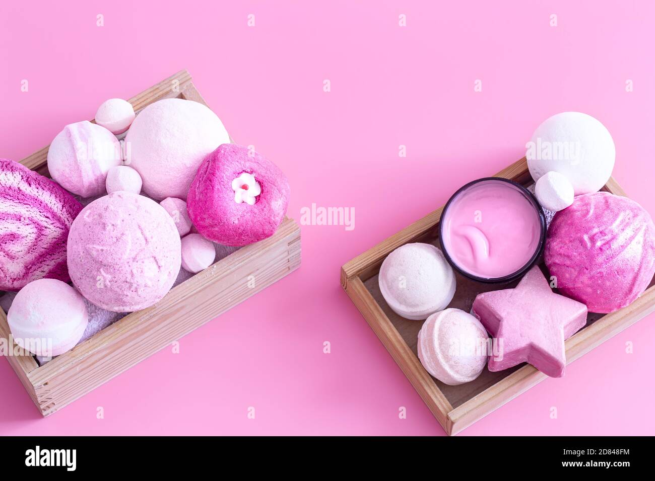 Spa composition with body care items on a colored background . Spa and body care concept . Flatlay. Stock Photo