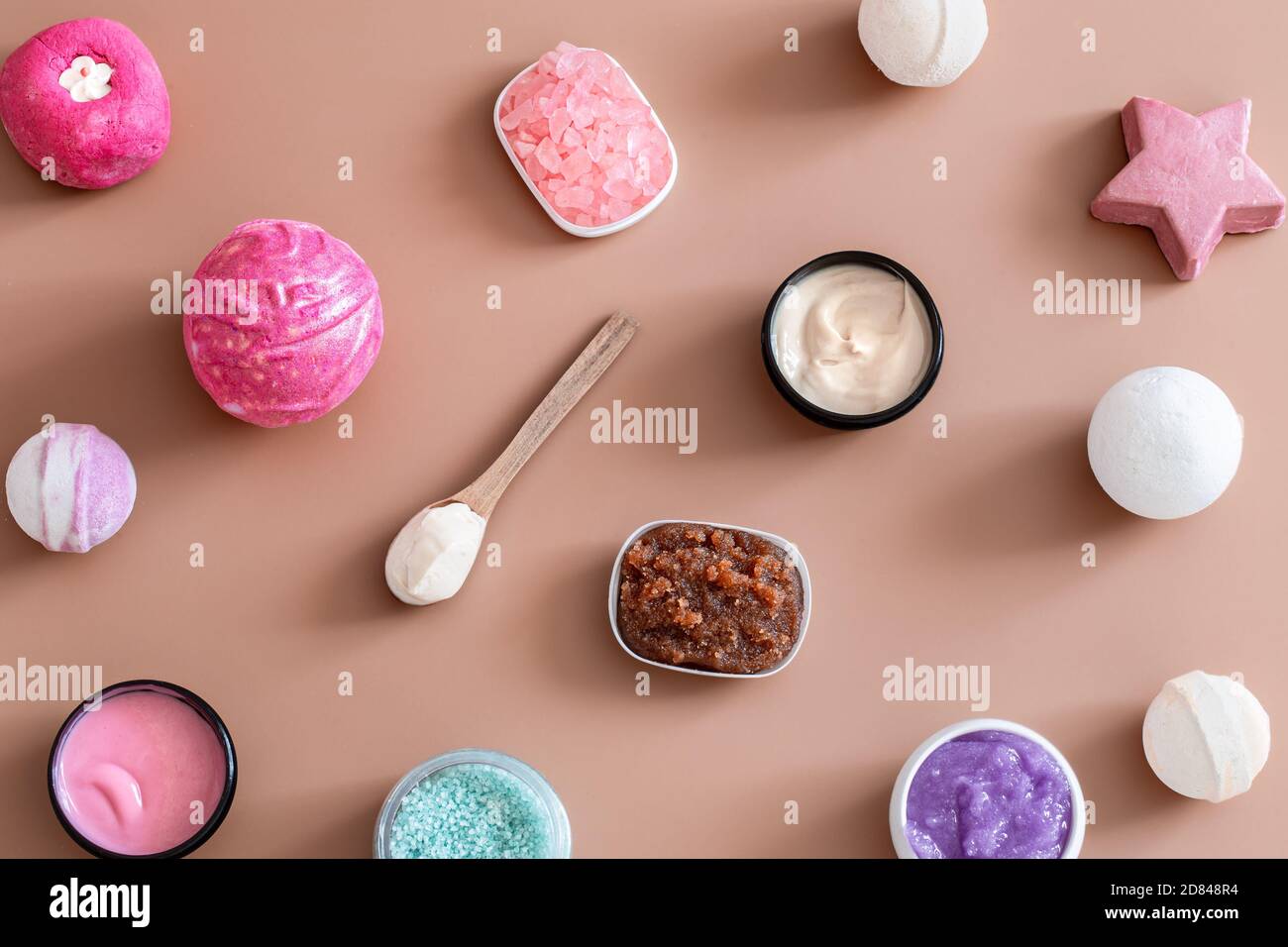 Spa composition with body care items on a colored background . Spa and body care concept . Flatlay. Stock Photo