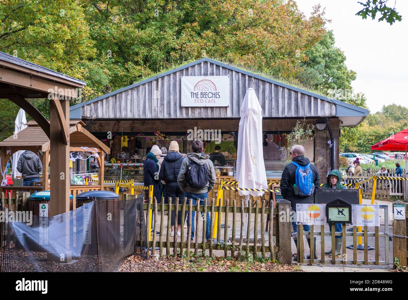 People out and about at Burnham Beeches nature reserve queuing for refreshments at The Beeches Eco Cafe, Burnham, Slough, Berkshire, England, UK Stock Photo