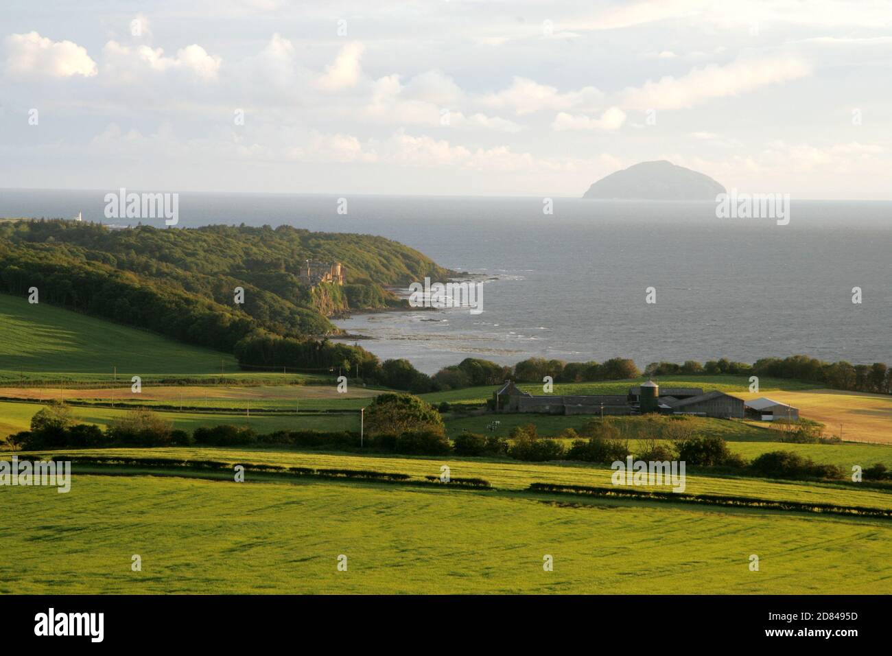 Ayrshire, South Ayrshire, Scotland, Uk, View from above Croy Shore to Culzean Castle and Ailsa Craig Stock Photo