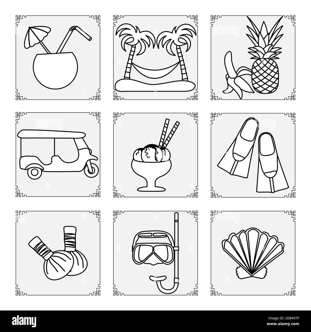 Thailand symbols set Vector illustration Cocktail, palm trees, hammock, banana, pineapple, ice cream, mask, tube, fins, seashell, tuk-tuk, herbal pouc Stock Vector