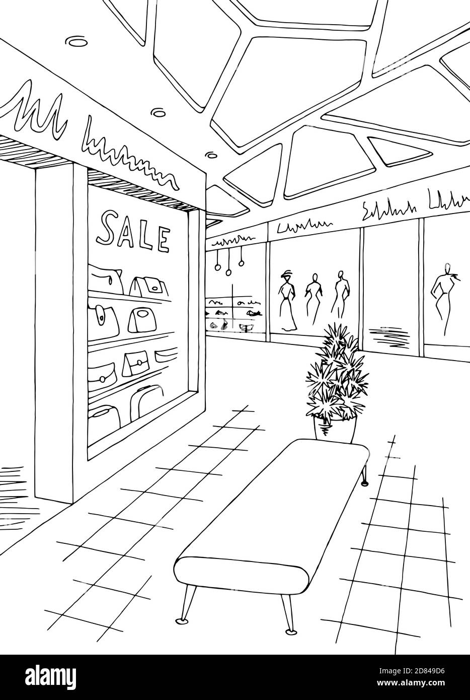 Shopping Mall Vector Black And White