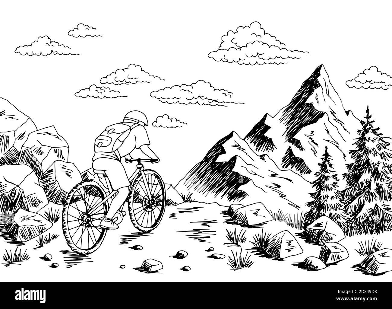 Tourist riding a bike in the mountains road graphic black white landscape sketch illustration vector Stock Vector