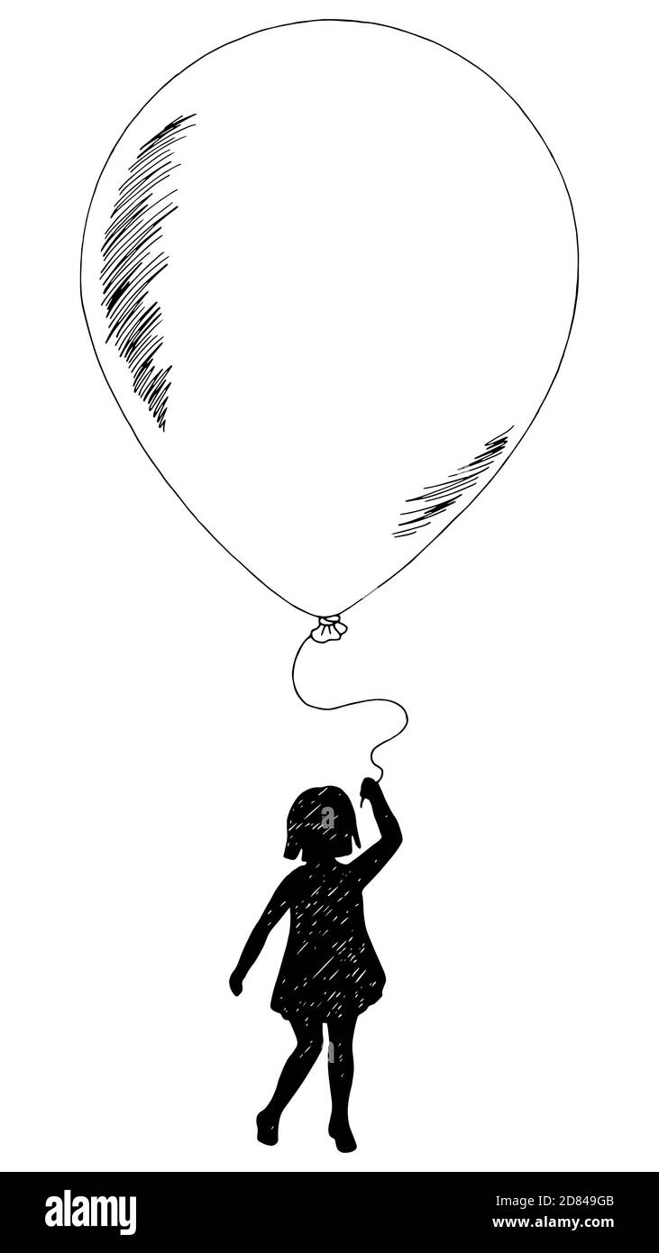 Girl with a balloon silhouette graphic black white isolated sketch