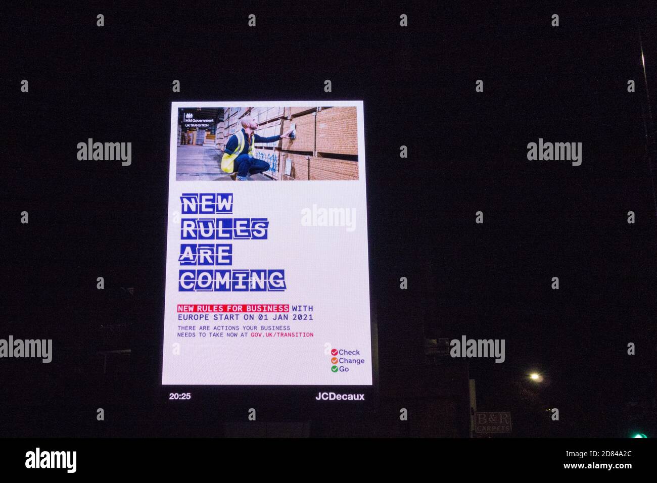 HM Government, New Rules are Coming, Brexit electronic billboard advert in Putney, SW London, UK Stock Photo