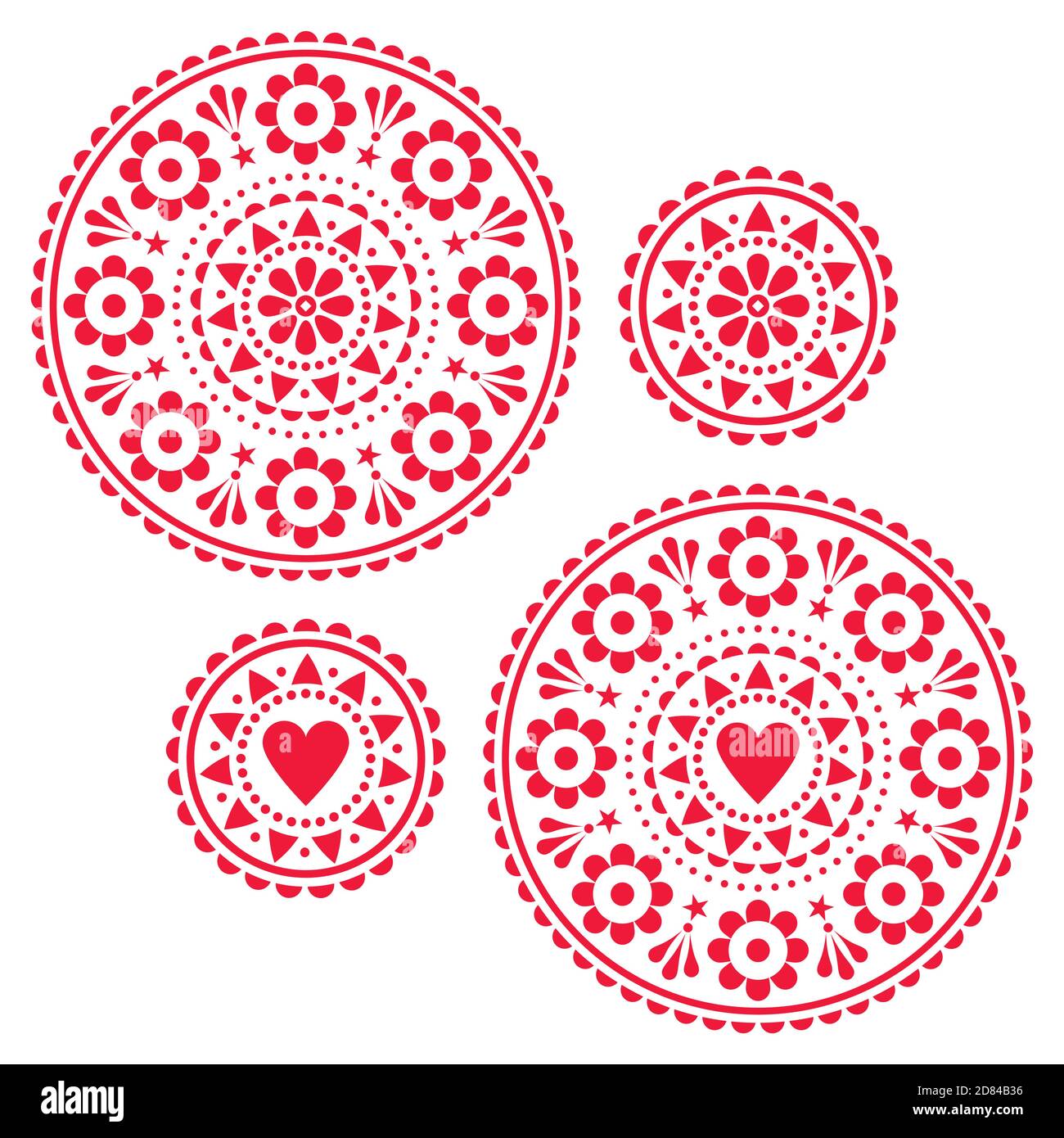 Scandinavian folk style vector mandala design set - cute greeting card on invitation round patterns with hearts and flowers Stock Vector